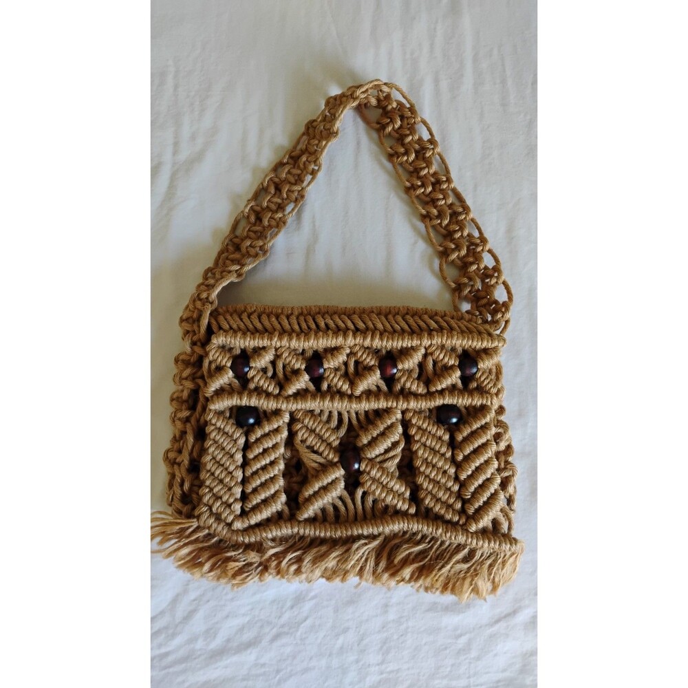 Boho Chic Macramé Shoulder Bag Authentic Vtg Tan 70s Knotted Cord Wood Beads EUC